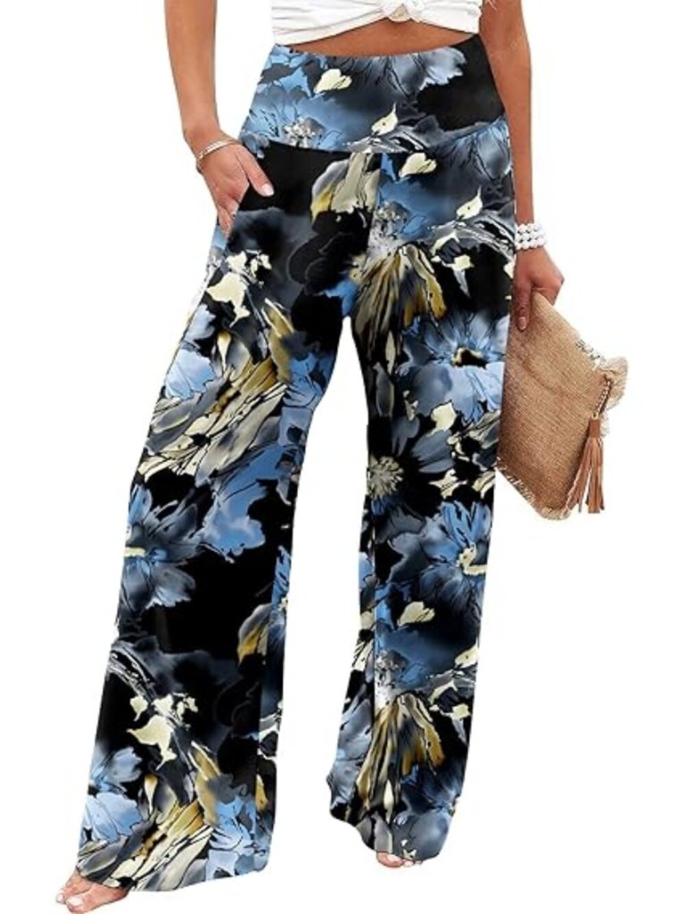 "Abstract Floral" NEW Stretchy Wide Leg Lounge Palazzo Pants w/Pockets 3XL
